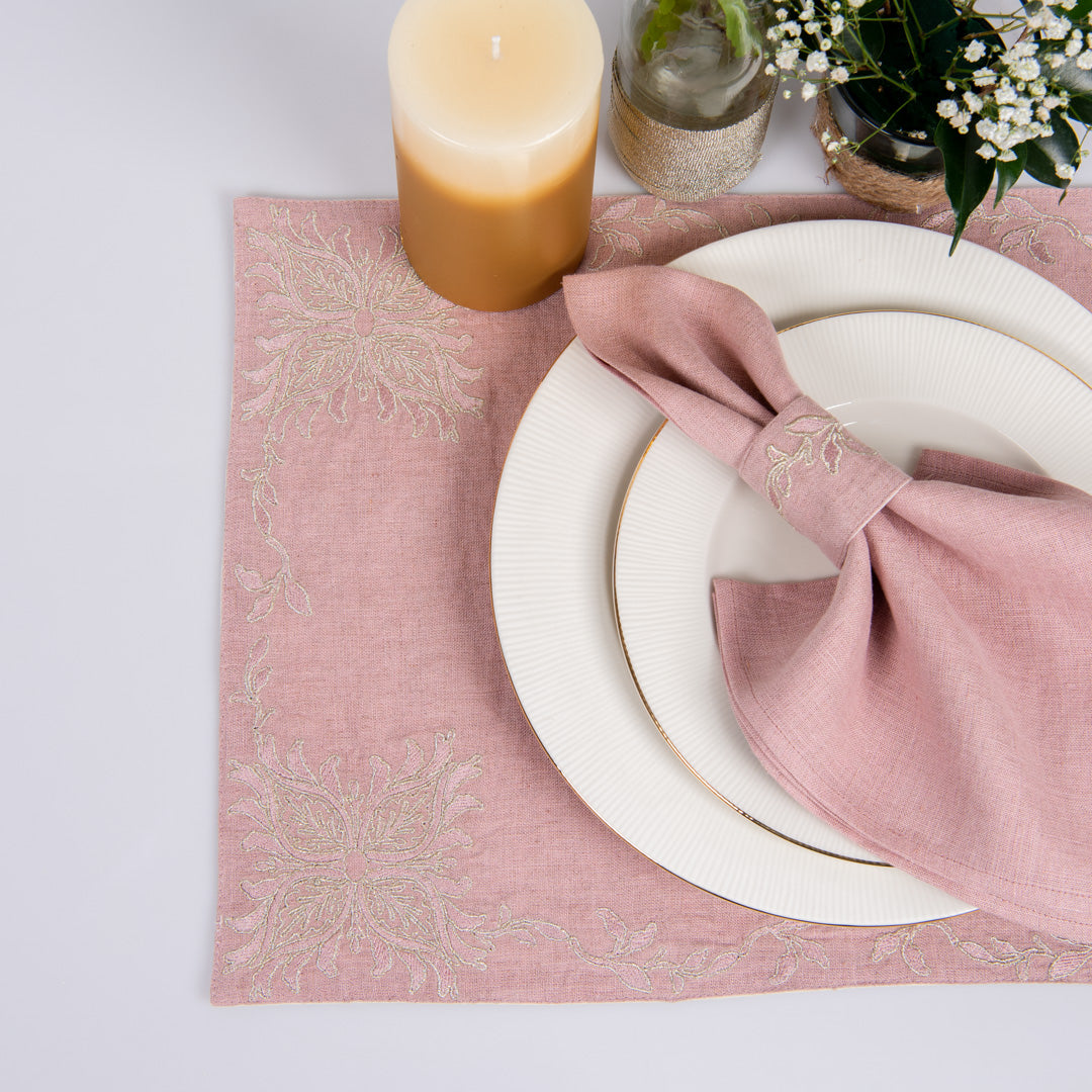 Gold embroidered dusty rose linen table mats