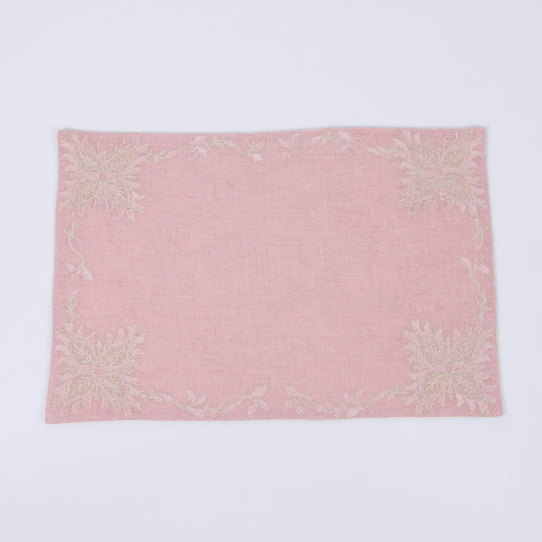 Gold embroidered dusty rose linen table mats