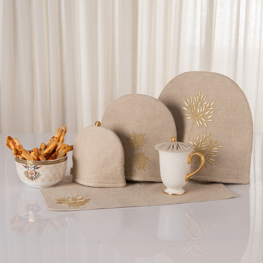 Natural linen tray mat, tea cosy and glass cover
