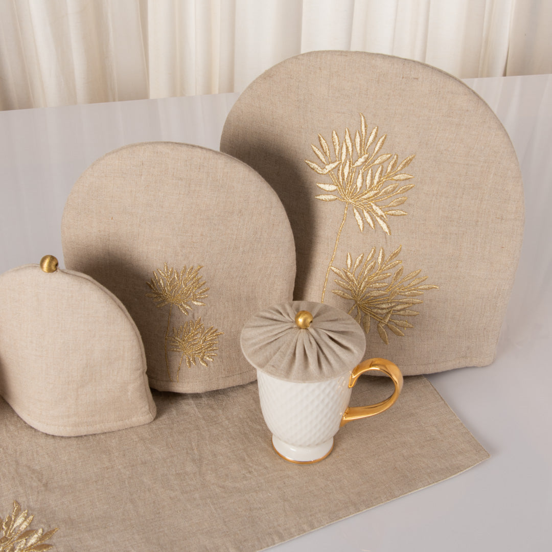 Natural linen tray mat, tea cosy and glass cover