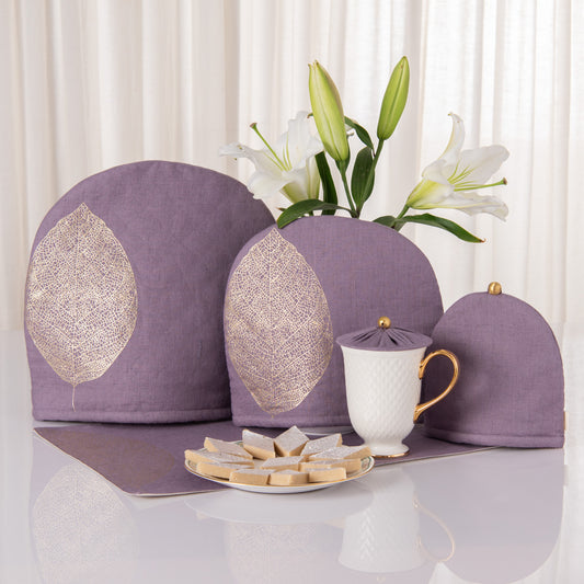 Amethyst smoke linen tray mat, tea cosy and glass cover