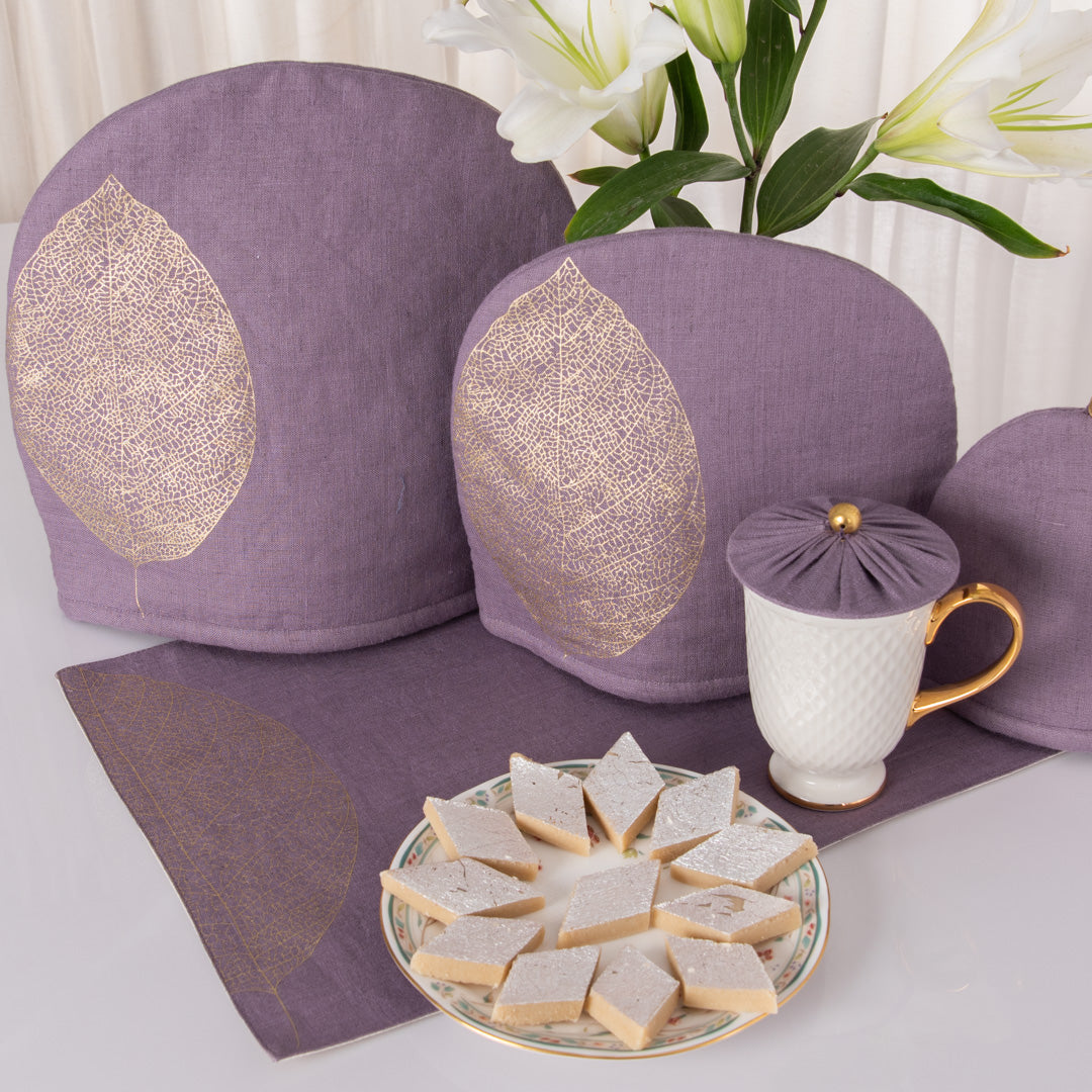 Amethyst smoke linen tray mat, tea cosy and glass cover