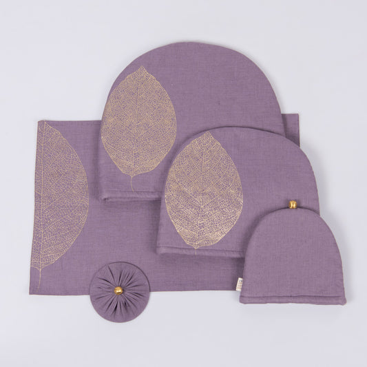 Amethyst smoke linen tray mat, tea cosy and glass cover