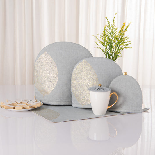 Aqua Grey linen tray mat, tea cosy and glass cover