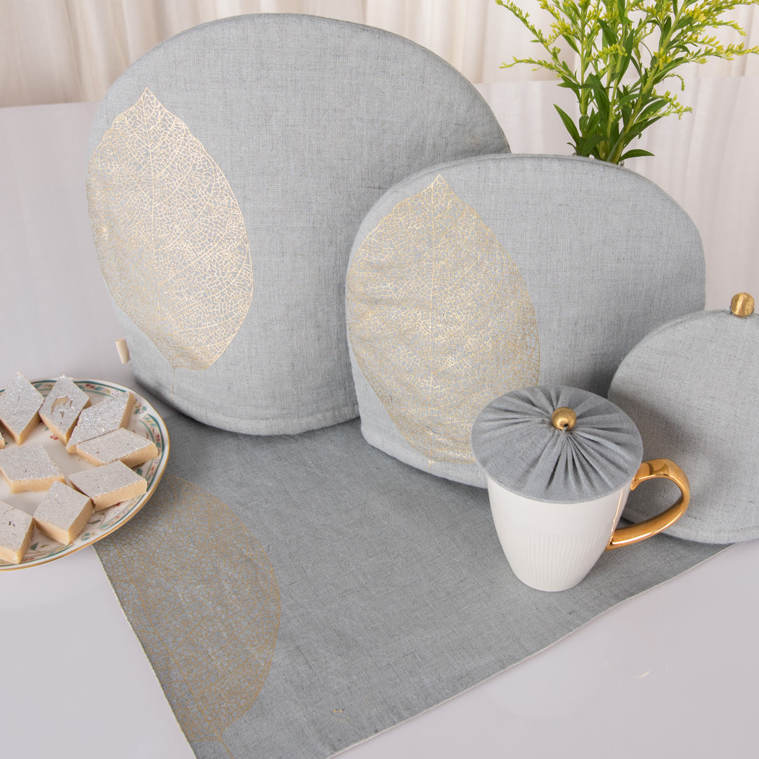 Aqua Grey linen tray mat, tea cosy and glass cover