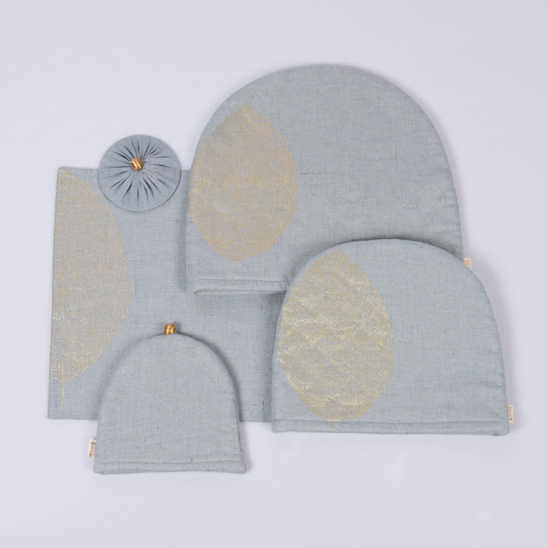 Aqua Grey linen tray mat, tea cosy and glass cover