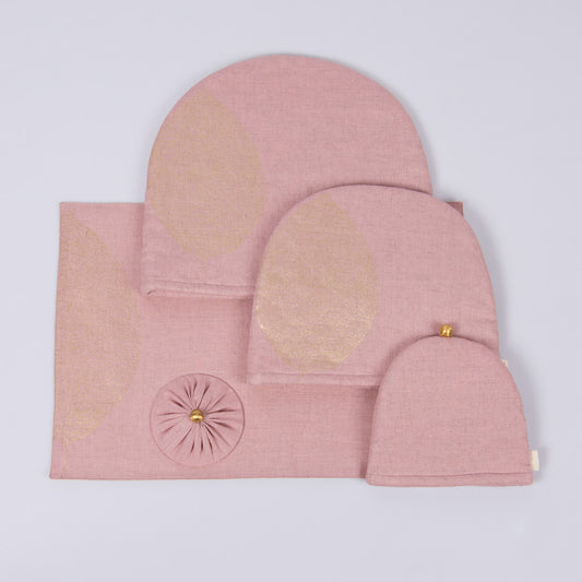Dusty rose linen tray mat, tea cosy and glass cover