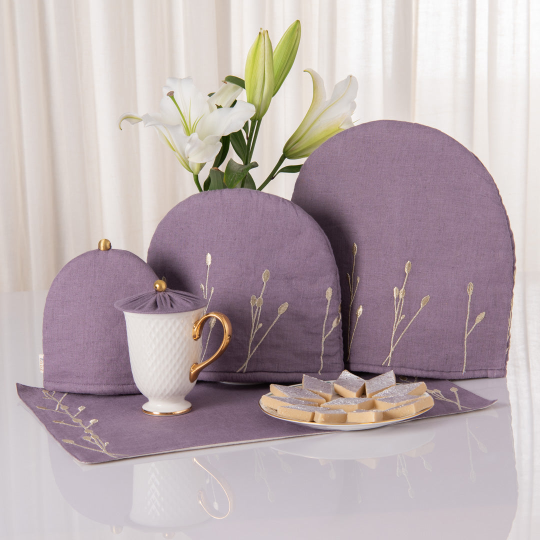 Amethyst smoke linen tray mat, tea cosy and glass cover