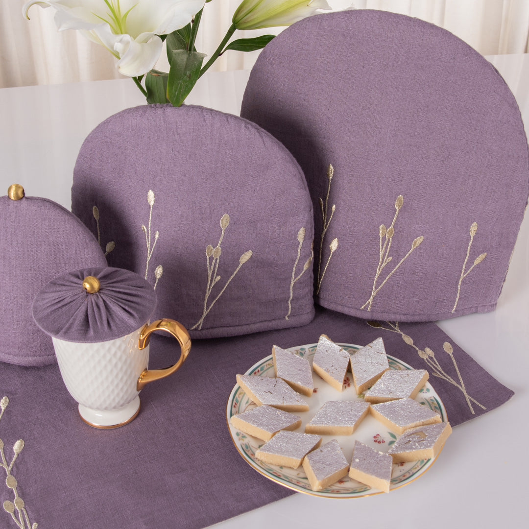 Amethyst smoke linen tray mat, tea cosy and glass cover