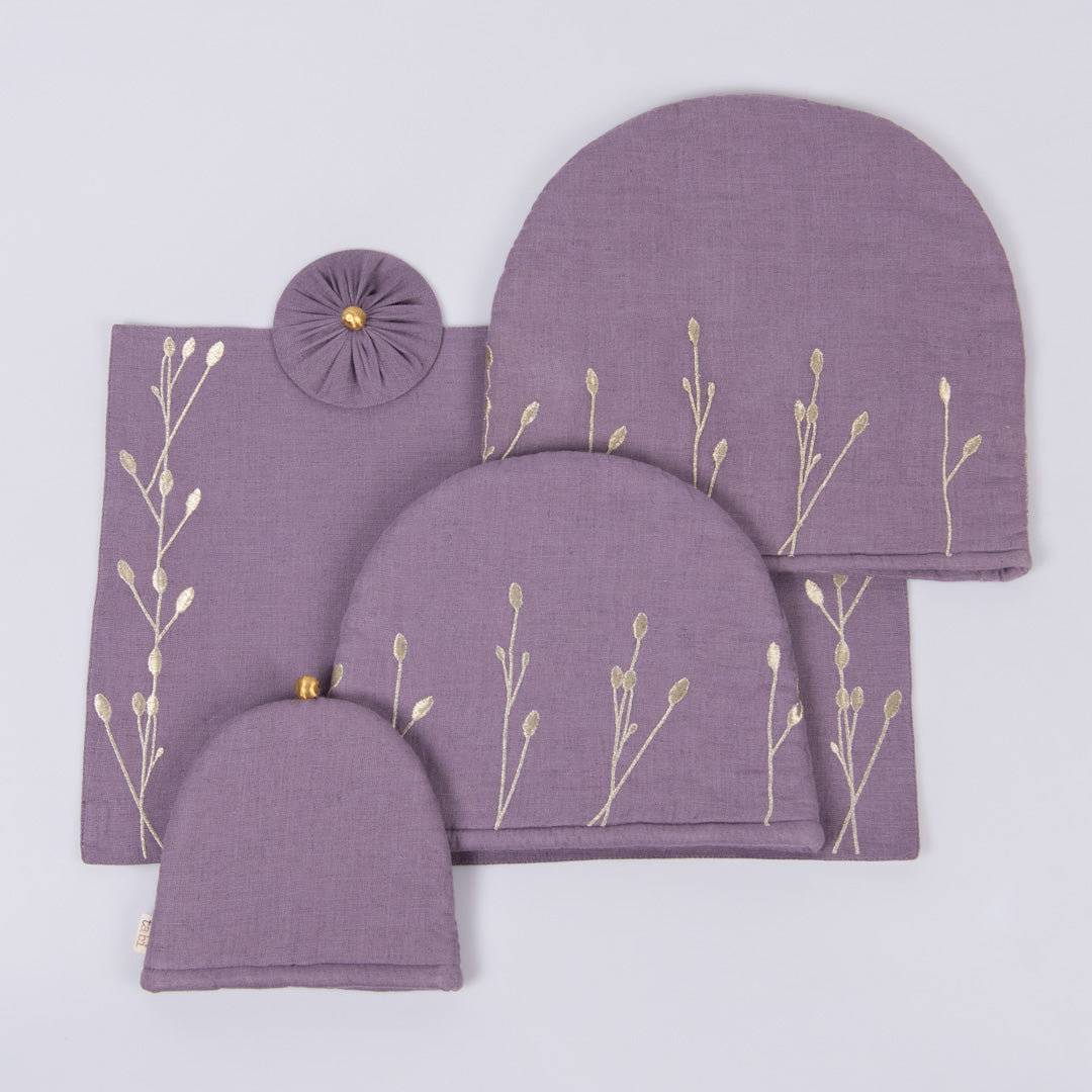 Amethyst smoke linen tray mat, tea cosy and glass cover