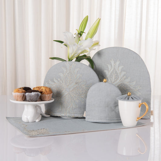 Aqua Grey linen tray mat, tea cosy and glass cover
