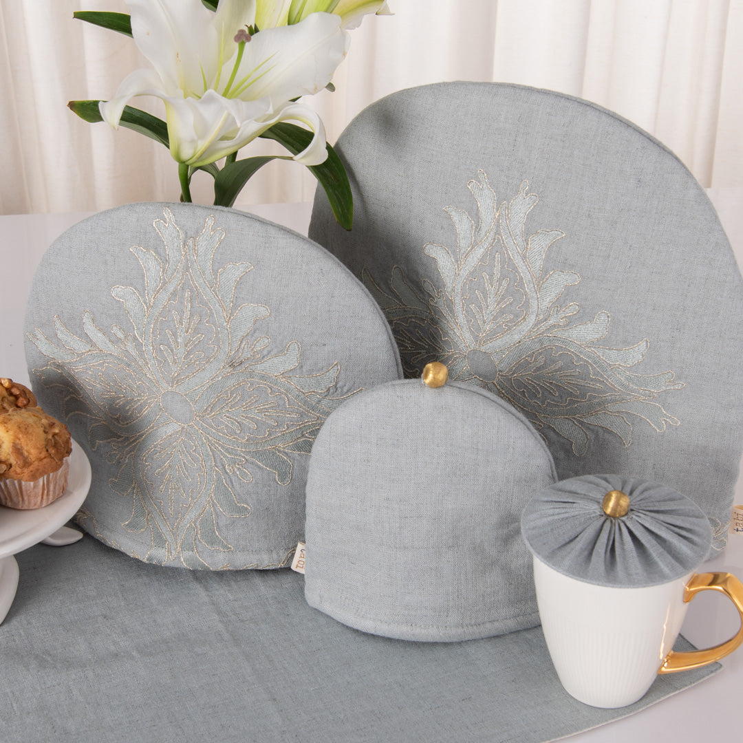 Aqua Grey linen tray mat, tea cosy and glass cover