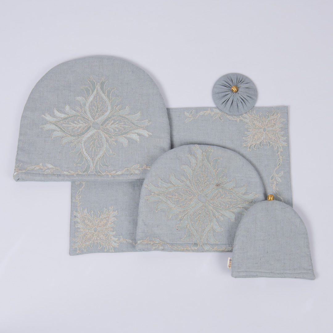 Aqua Grey linen tray mat, tea cosy and glass cover