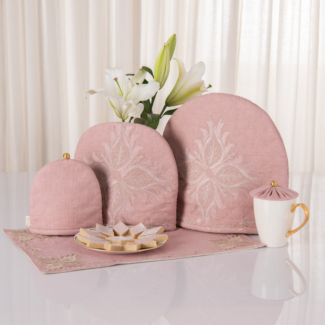 Dusty Rose linen tray mat, tea cosy, milk cosy and glass cover