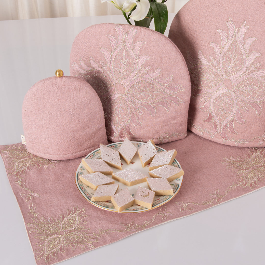 Dusty Rose linen tray mat, tea cosy, milk cosy and glass cover