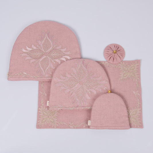 Dusty Rose linen tray mat, tea cosy, milk cosy and glass cover