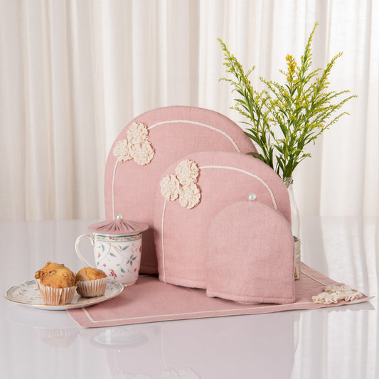 Dusty Rose linen tray mat, tea cosy, milk cosy and glass cover