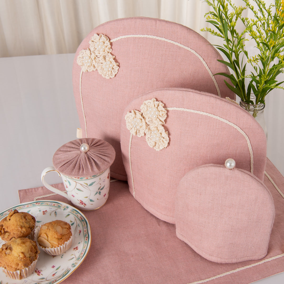 Dusty Rose linen tray mat, tea cosy, milk cosy and glass cover