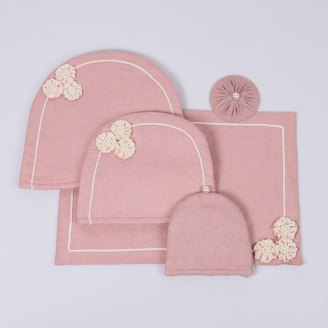 Dusty Rose linen tray mat, tea cosy, milk cosy and glass cover