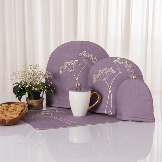 Amethyst Smoke linen tray mat, tea cosy, milk cosy and glass cover