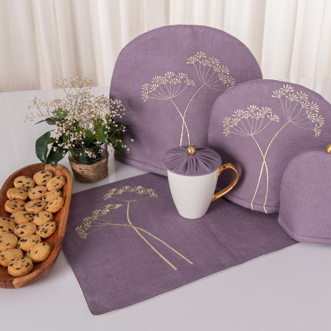 Amethyst Smoke linen tray mat, tea cosy, milk cosy and glass cover