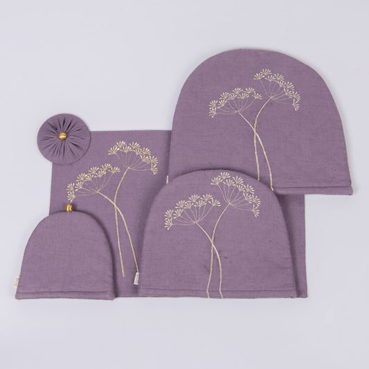 Amethyst Smoke linen tray mat, tea cosy, milk cosy and glass cover