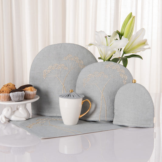 Aqua Grey linen tray mat, tea cosy and glass cover