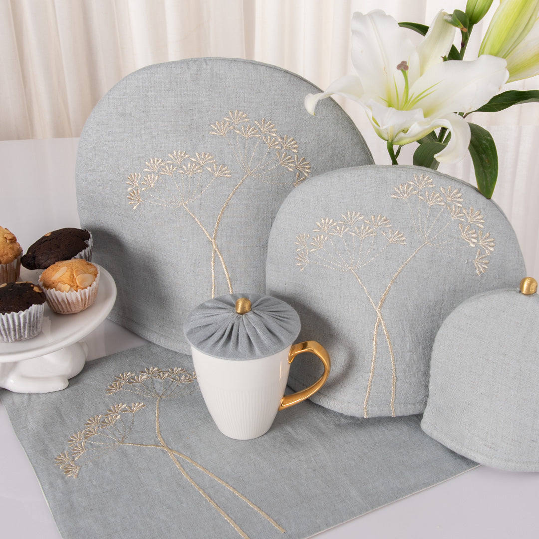 Aqua Grey linen tray mat, tea cosy and glass cover