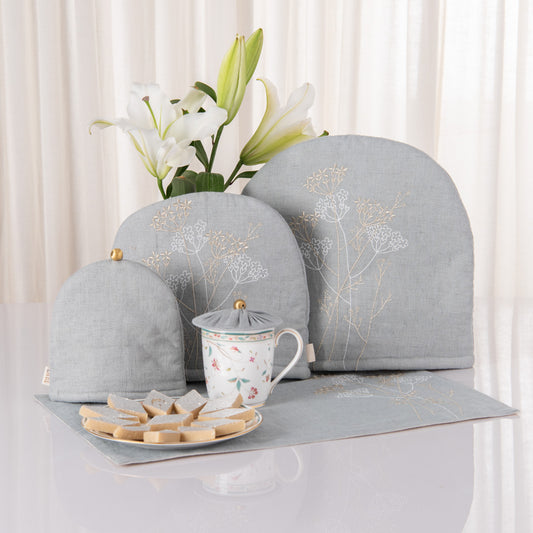 Aqua Grey linen tray mat, tea cosy, milk cosy and glass cover