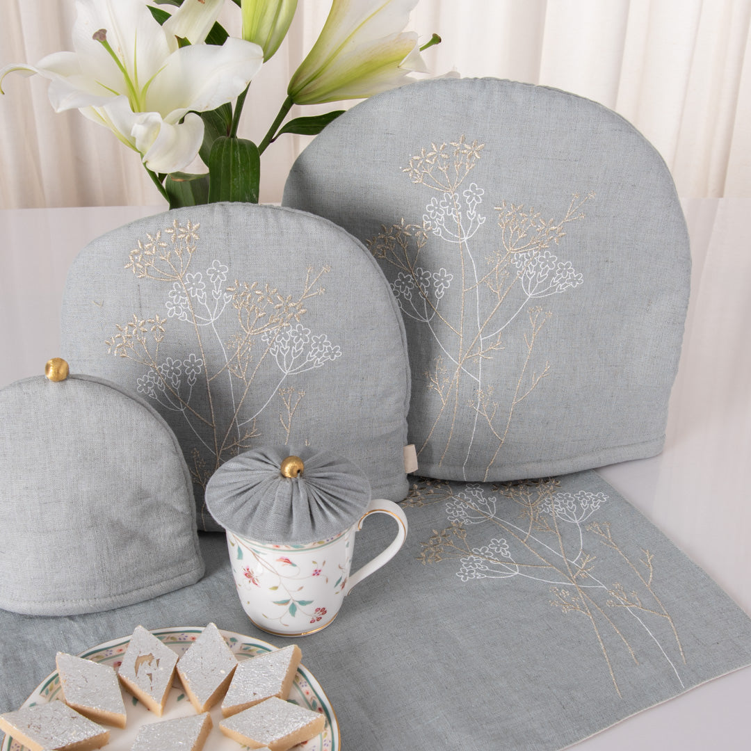 Aqua Grey linen tray mat, tea cosy, milk cosy and glass cover