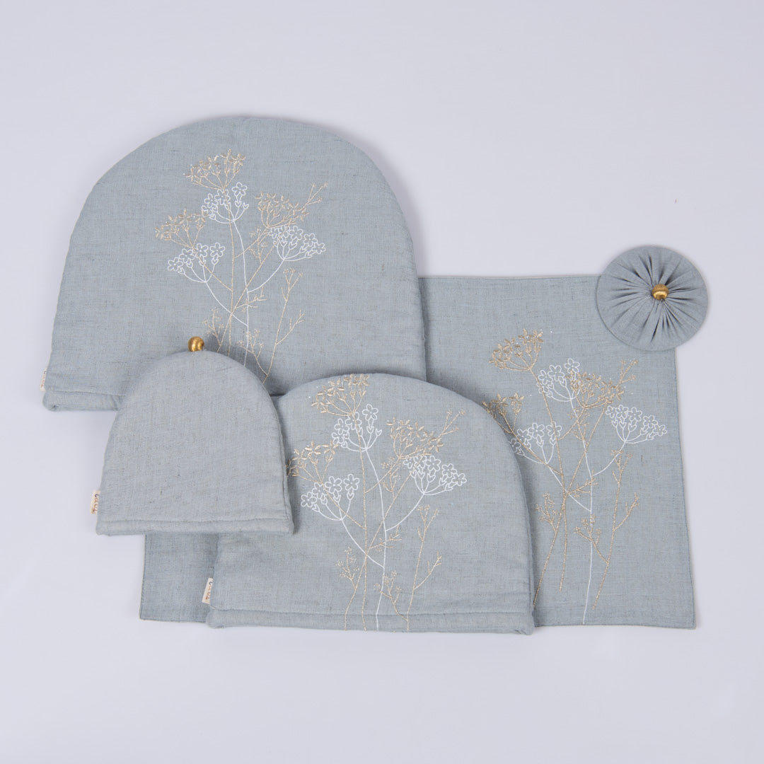 Aqua Grey linen tray mat, tea cosy, milk cosy and glass cover