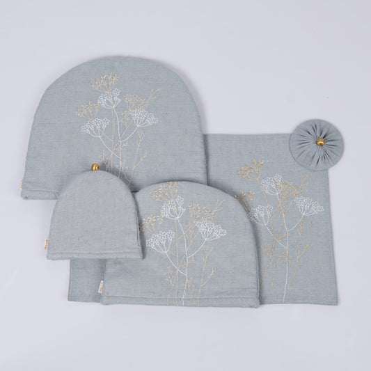 Aqua Grey linen tray mat, tea cosy, milk cosy and glass cover