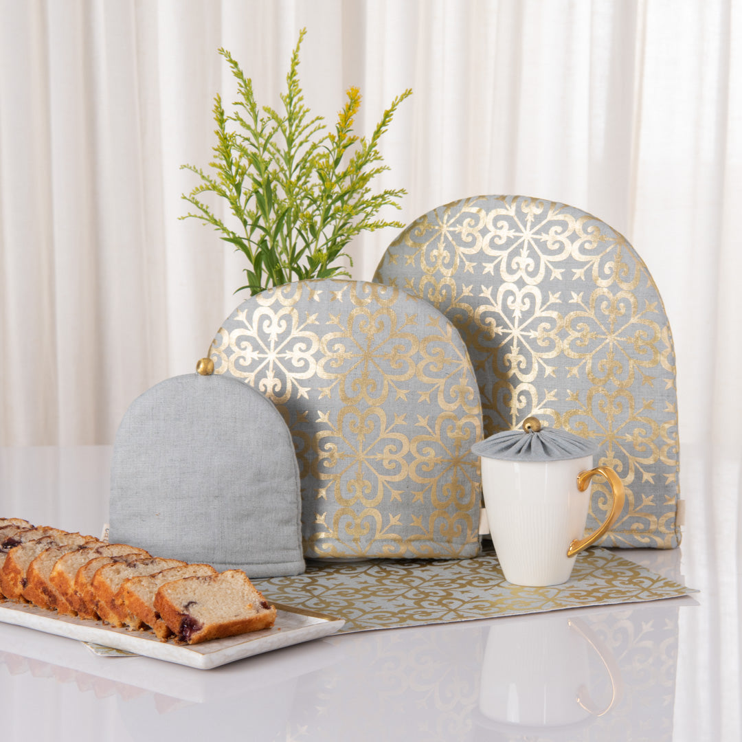 Aqua Grey linen tray mat, tea cosy and glass cover