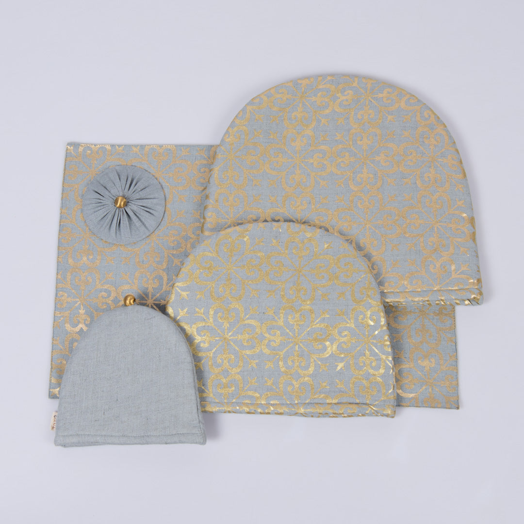 Aqua Grey linen tray mat, tea cosy and glass cover