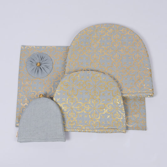 Aqua Grey linen tray mat, tea cosy and glass cover