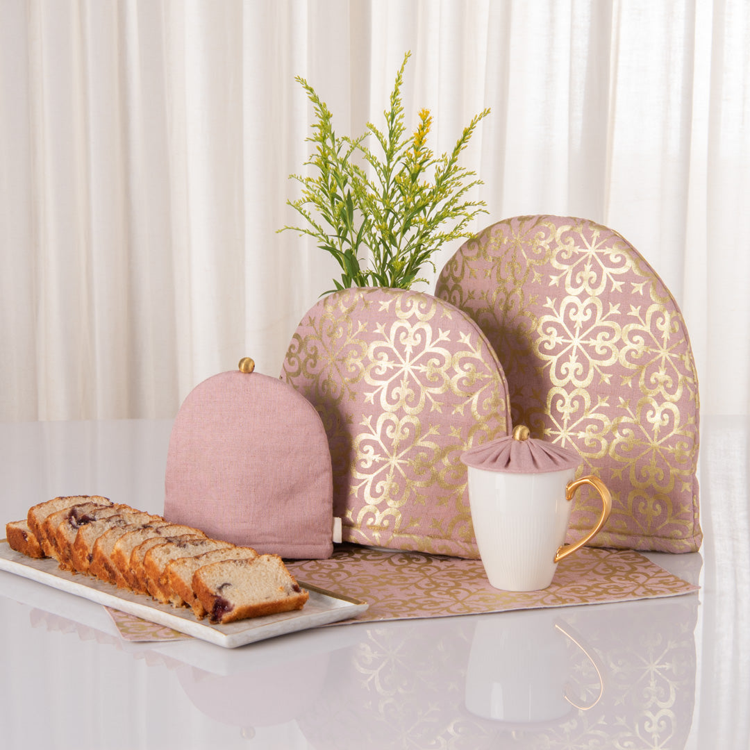 Dusty Rose linen tray mat, tea cosy, milk cosy and glass cover