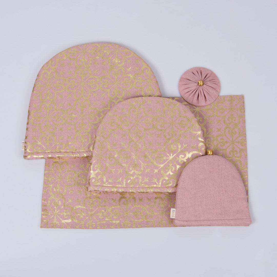 Dusty Rose linen tray mat, tea cosy, milk cosy and glass cover