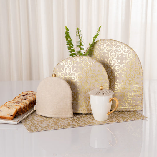 Natural linen tray mat, tea cosy, milk cosy and glass cover