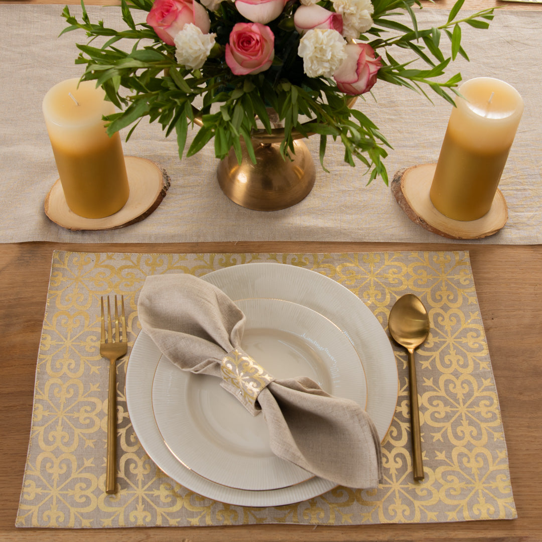 Gold foil printed natural table linen set