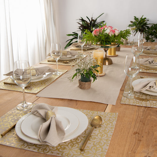 Gold foil printed natural table linen set