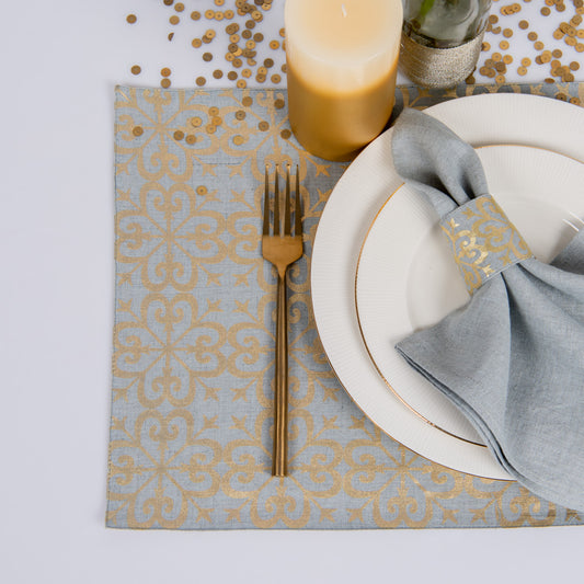 Gold foil printed aqua grey linen table mats