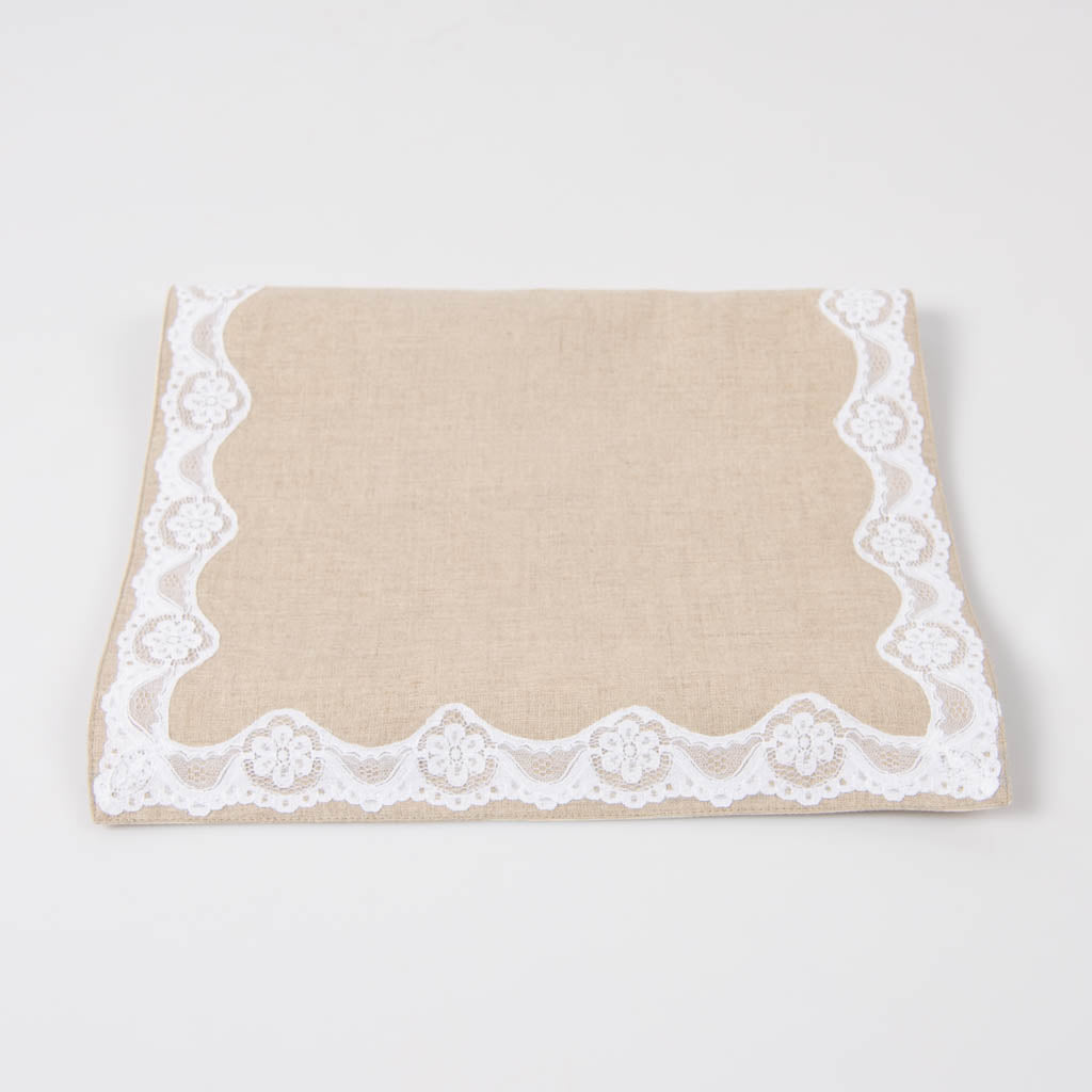 Lace edged natural linen table runner