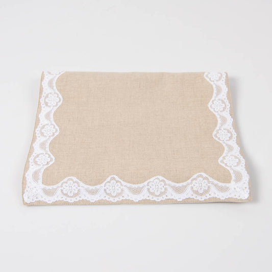 Lace edged natural linen table runner