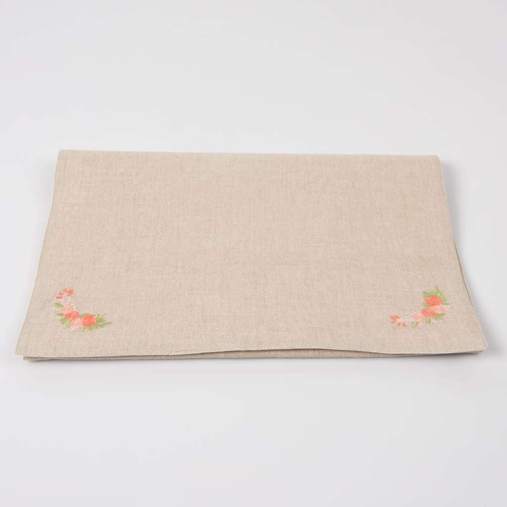 Embroidered natural linen table runner