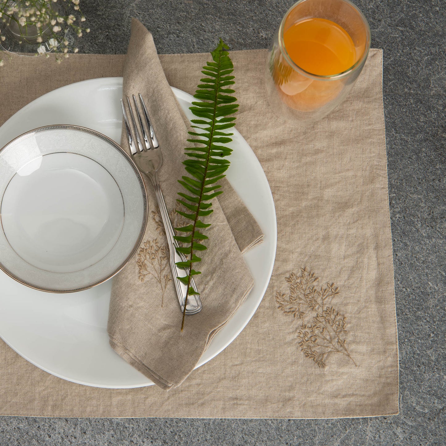 Embroidered natural linen table mats