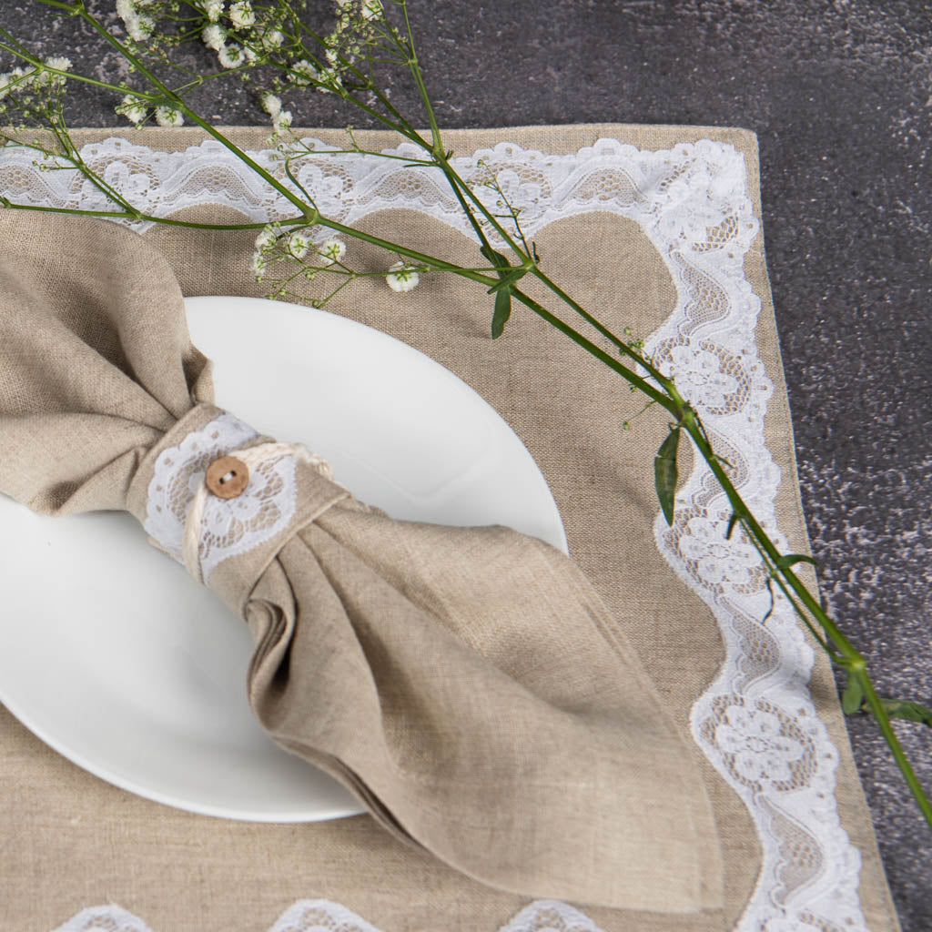 Lace edged natural linen table mats