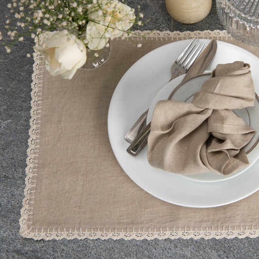 Lace edged natural linen table mats