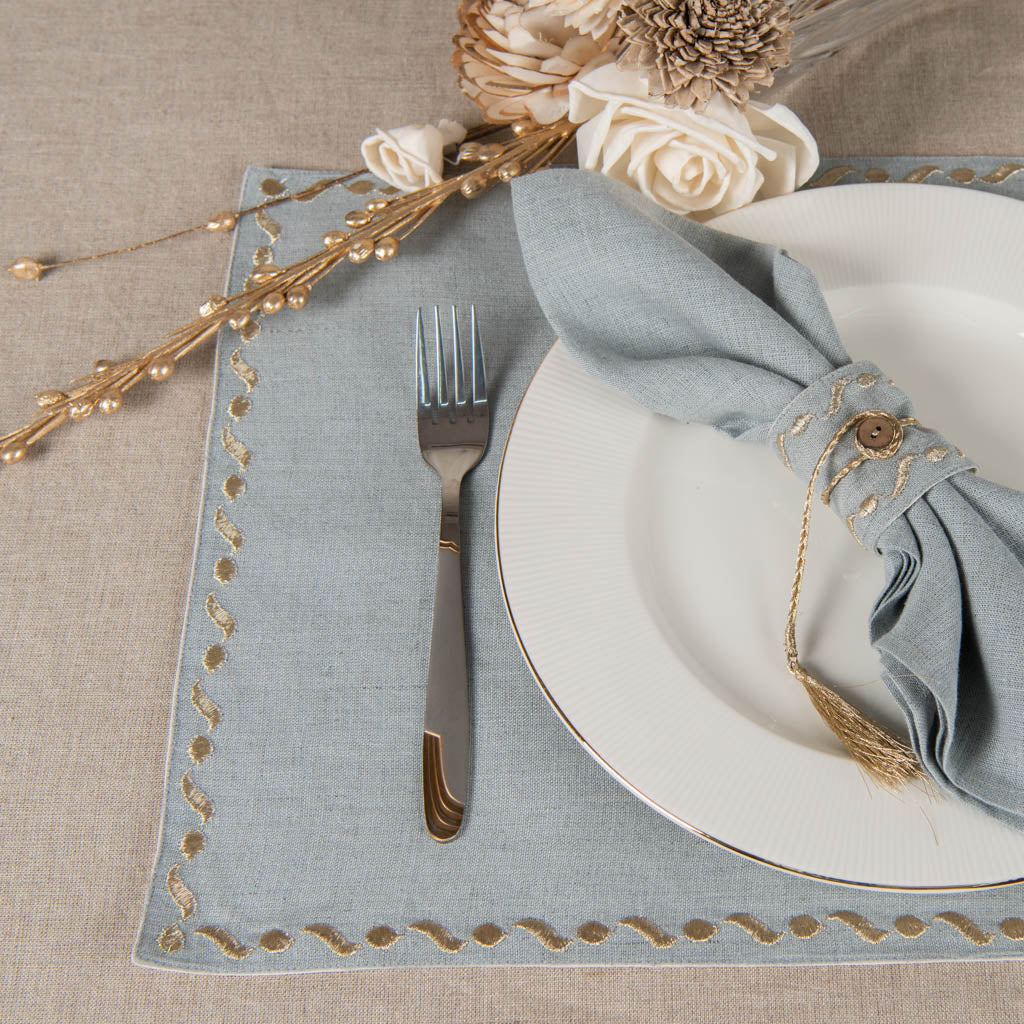 Gold embroidered aqua grey linen table mats