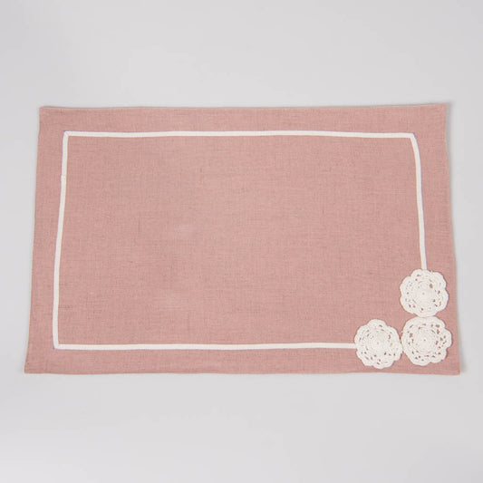 Dusty rose linen table mats with crochet detailing