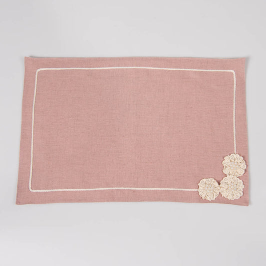 Dusty rose linen table mats with crochet detailing